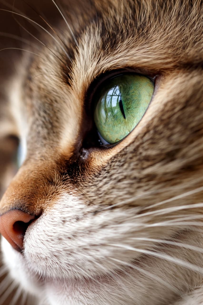 「瞳の中に宇宙が見える…🌌ガラス玉みたいなエメラルドグリーンの瞳に思わずうっとりしちゃう横顔美人さん💚 #猫好き #マクロの世界」Ultra-realistic high-quality macro photograph of a tabby cat's profile, focusing on its highly detailed, glass-like vivid green eye. キジトラ猫の横顔と、ガラス玉のように美しく反射する緑色の瞳の繊細なマクロ撮影写真