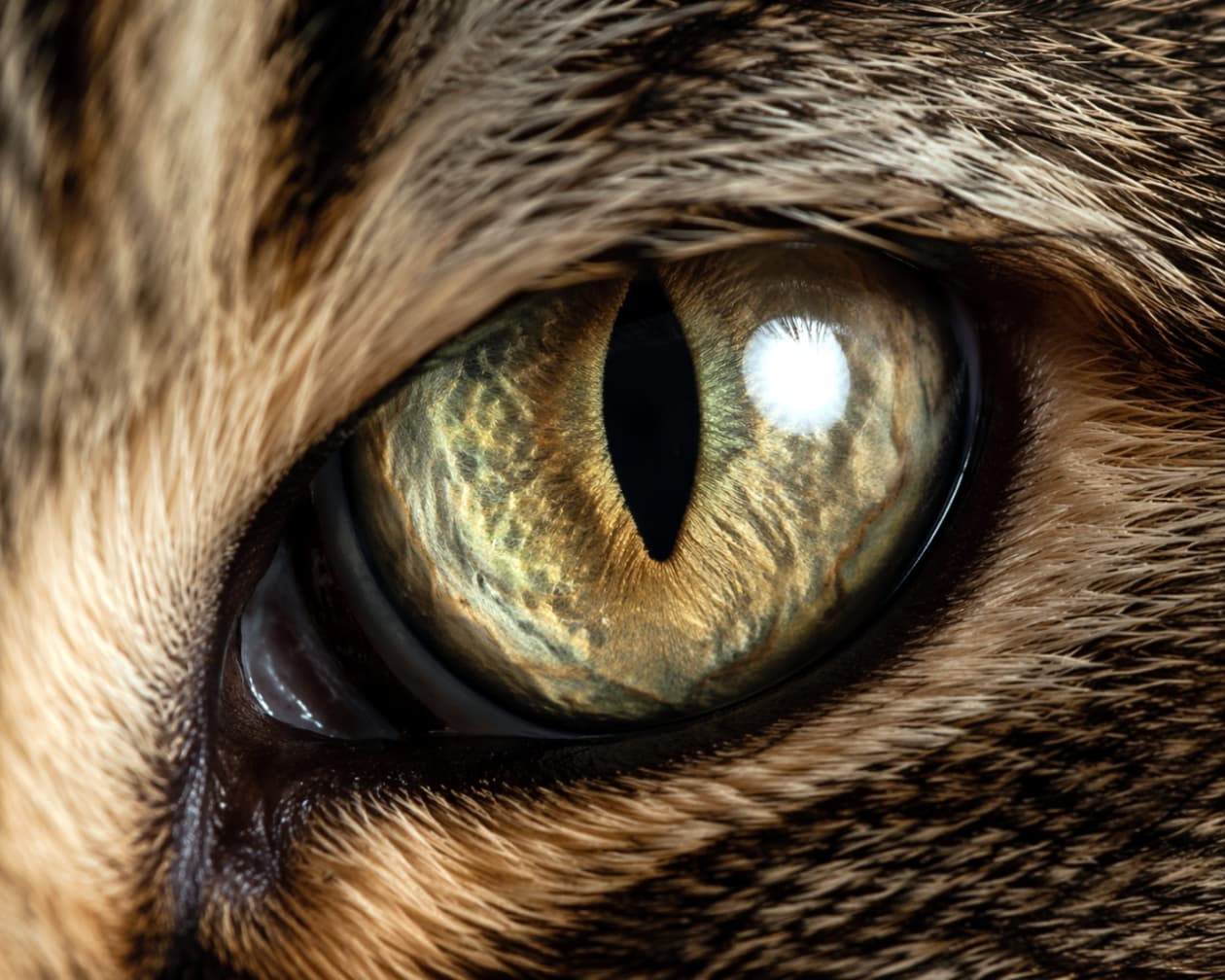 「まるで宝石みたい！💎✨ 猫ちゃんの瞳をここまでアップで見ると、宇宙みたいで神秘的ですよね🐈‍⬛🔭 #猫の目 #マクロ撮影」Ultra-realistic high-quality photograph showing a macro shot of a cat's eye. The complex green and yellow patterns of the iris around the vertical slit pupil are clearly visible, with a light source reflecting on the surface. 猫の瞳の超マクロ撮影画像。縦長に細くなった瞳孔の周りに、緑や黄色が複雑に交じり合う虹彩の模様が鮮明に写し出されており、瞳の表面には光源が反射している超高画質な写真