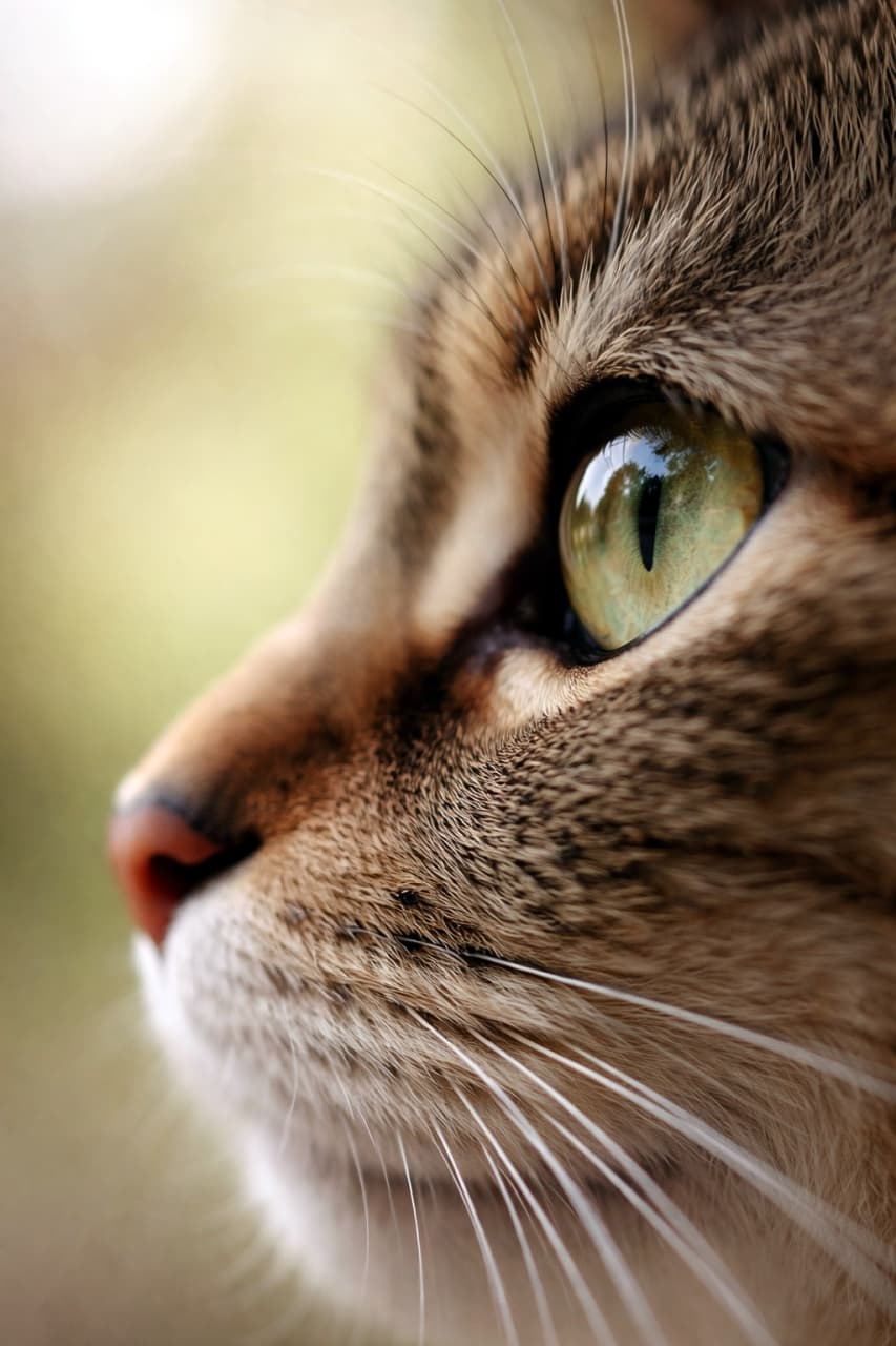 「このスッとした横顔、美しすぎませんか…？🥺✨ 瞳のキラキラ感とピンと伸びたおヒゲがたまらん💕 #横顔美人 #猫部」Ultra-realistic high-quality photograph of a tabby cat's profile close-up. Against a softly blurred background, the stiff whiskers, fur texture, and bright greenish eye reflecting the scenery are sharply captured. キジトラ猫の横顔のクローズアップ写真。柔らかな背景のボケ味に対して、ピンと張ったヒゲや毛並み、そして景色を反射してきらきらと輝く緑がかった瞳がシャープに捉えられている高品質な画像