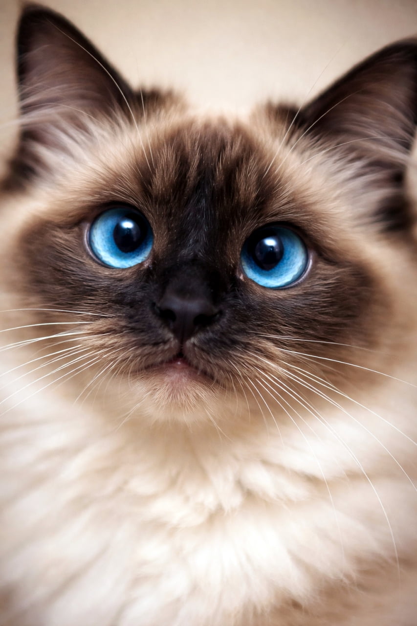 「まるで宝石みたい！💎吸い込まれそうなブルーの瞳から目が離せない😍高貴な可愛さにメロメロです🐾 #シャム猫 #ラグドール」Ultra-realistic high-quality photograph, close-up portrait of a fluffy Siamese or Ragdoll cat with stunning, vivid blue eyes. 鮮やかで透き通るような青い瞳を持つ、長毛のシャム猫（またはラグドール）の顔のクローズアップ写真