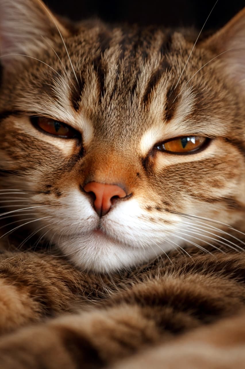 「とろ〜んとしたお顔に癒やし効果MAX…🫠 毎日頑張るみんなへ、猫ちゃんからのお疲れ様ビームです✨ #癒やし画像 #猫との暮らし」Ultra-realistic high-quality photograph of a tabby cat's face close-up, showing a relaxed, sleepy expression with narrowed eyes. Under warm lighting, the details of the sleepy eyes and soft muzzle are clearly captured. 目を細めてリラックスした表情を浮かべるキジトラ猫の顔のクローズアップ写真。温かみのある照明の下、眠そうな目元とふっくらとした口元のディテールが鮮明に捉えられた高画質画像