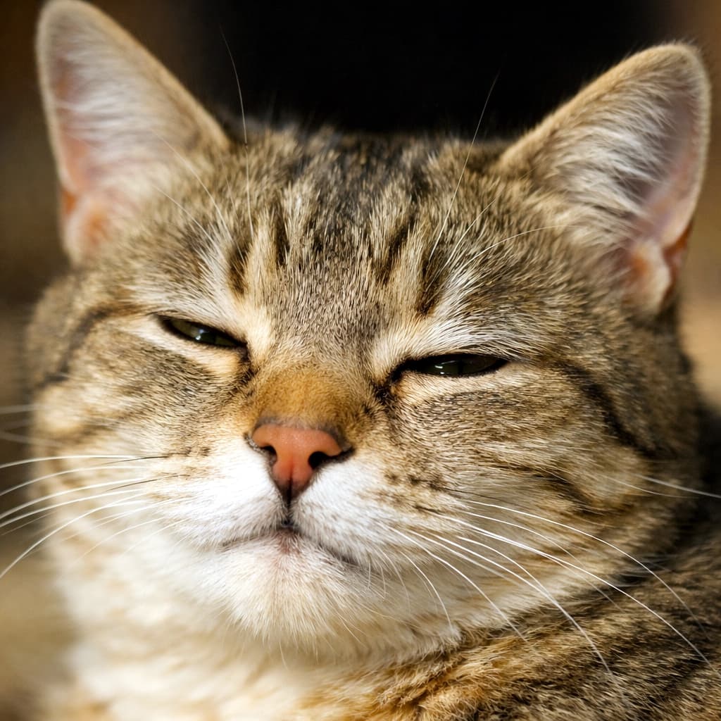 「ぽかぽか陽気でウトウト…💤 眠たそうなお顔を見ていると、こっちまでリラックスしてきちゃいますね🌿」Ultra-realistic high-quality photograph of a sleepy tabby cat with half-closed eyes in a close-up shot, showing highly detailed fur and whiskers. 目を細めてとても眠そうな表情をしているキジトラ猫の顔のクローズアップ。ヒゲや毛並みの質感がリアルに描写されています