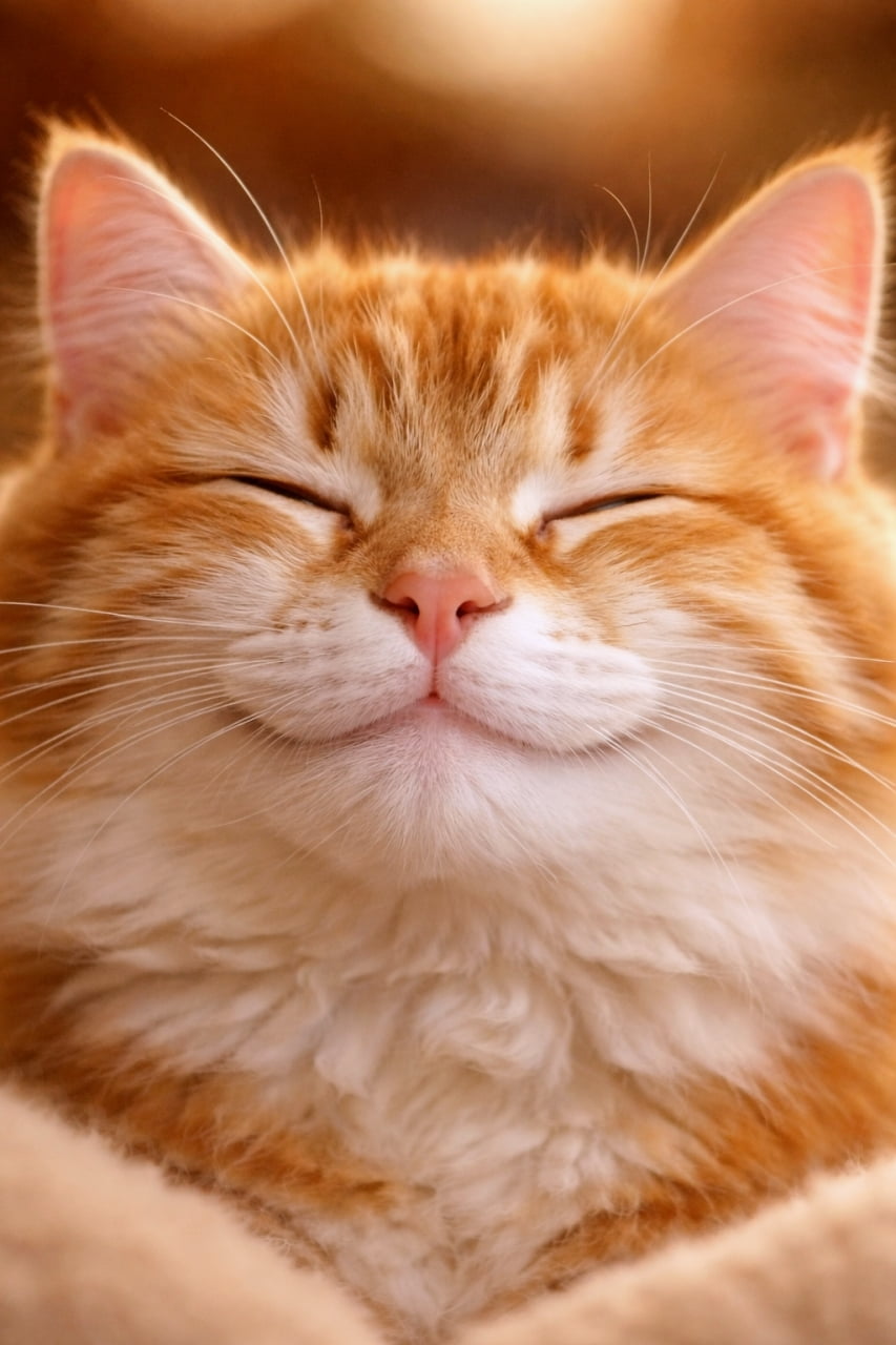 「この笑顔、世界を救うレベル🥺💕 ぽかぽか陽気で幸せそうだにゃ〜☀️ 見てるこっちまで笑顔になる！ #茶トラ #猫の笑顔」Ultra-realistic high-quality close-up photograph of a ginger cat with a happy, smiling expression, bathed in warm, golden light. 目を細めて微笑んでいるかのような、幸せそうな表情の茶トラ猫のクローズアップ写真。暖色系の温かい光に包まれている