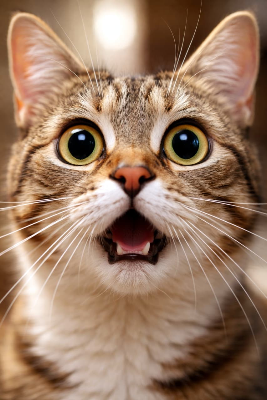 「えっ、おやつ！？🙀 驚いたお顔がたまらなく可愛い！ずっと見つめていたくなる癒しの1枚です💖」Ultra-realistic high-quality photograph of a tabby cat face close-up with wide open eyes and mouth, showing a surprised expression. Beautiful bokeh background. 大きく見開いた目と開いた口で驚いた表情を見せるキジトラ猫の顔のクローズアップ。背景は美しくボケており、被写体の表情がくっきりと際立っています