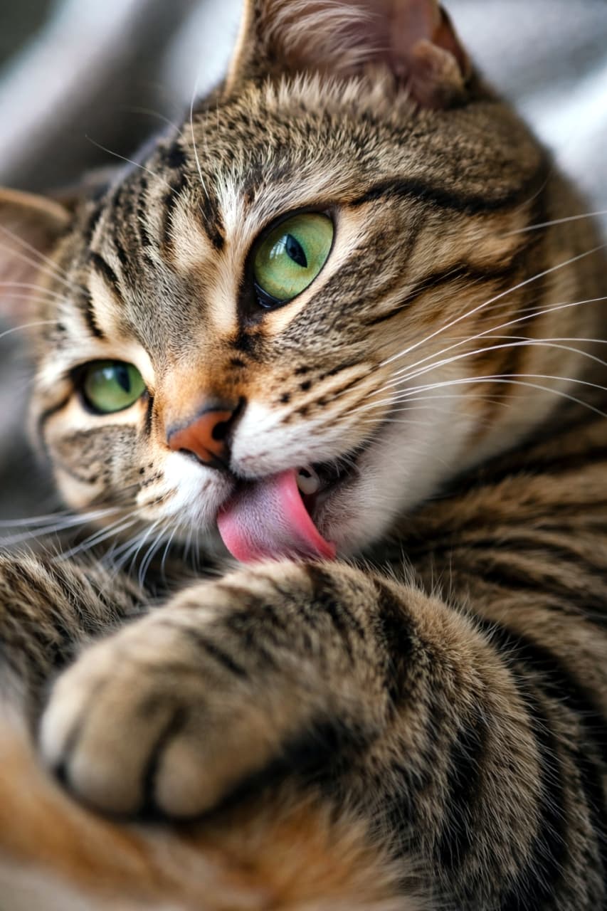 「身だしなみは大切だニャ🐾 ぺろっと出した舌と真剣なグリーンアイのギャップがたまりません！💚」Ultra-realistic high-quality photograph of a tabby cat grooming itself, licking its paw with a pink tongue showing, featuring beautiful emerald green eyes. ピンク色の舌を出して自分の前足を一生懸命グルーミングしているキジトラ猫のクローズアップ。エメラルドグリーンの美しい瞳が印象的です
