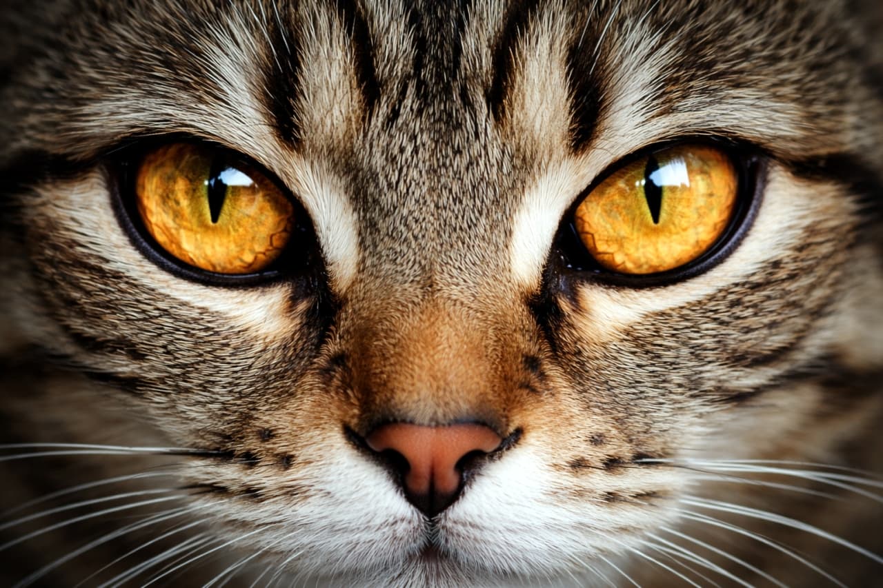 「狙った獲物は逃さない！？😼キリッとした琥珀色の瞳と力強い眼差しがカッコよすぎる…！🔥 #キジトラ #イケメン猫」Ultra-realistic high-quality photograph, extreme close-up of a tabby cat's face featuring intense, piercing amber eyes. 画面いっぱいに力強くこちらを見据える、キジトラ猫の鋭く輝く琥珀色の両目の超アップ写真