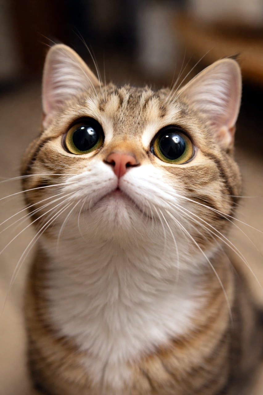 「上目遣いがたまらない…🥺💓ずっと見つめていたくなるタビー猫ちゃんの極上ショット📸✨ #猫 #タビー猫 #猫のいる暮らし」Ultra-realistic high-quality photograph of a tabby cat looking up with big round eyes, close-up shot with a beautifully blurred background. くりくりとした大きな瞳で見上げるタビー柄の猫のクローズアップ写真。背景は柔らかくぼけており、猫の愛らしい表情が際立っている