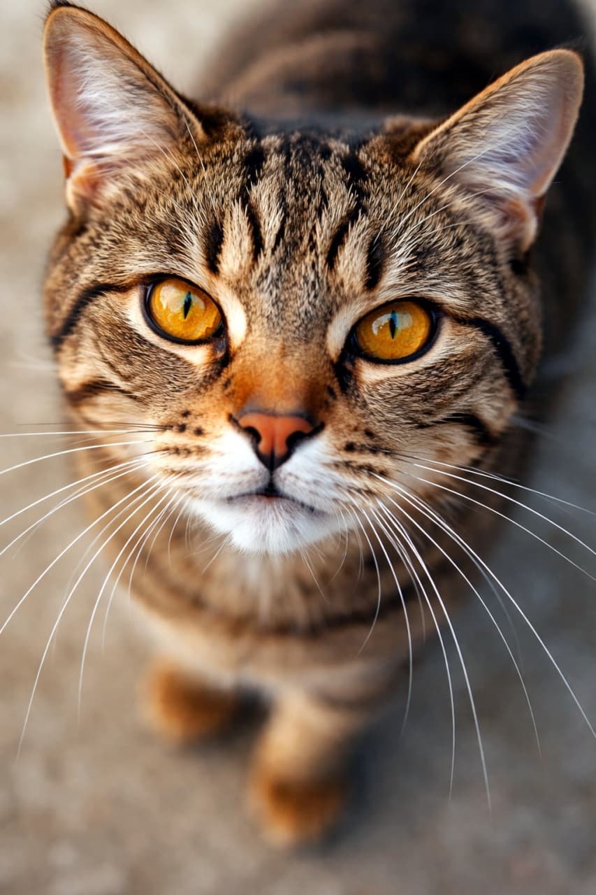 「そんな目で見つめられたら、なんでも許しちゃいそう🥺✨ 吸い込まれそうな琥珀色の瞳にドキドキ！💘」Ultra-realistic high-quality photograph of a tabby cat looking directly at the camera with a slight upward angle, featuring striking amber eyes. わずかに上目遣いでカメラを真っ直ぐに見つめるキジトラ猫。印象的な琥珀色の瞳と、ピンと張ったヒゲが特徴的です
