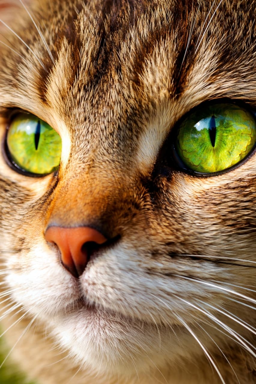「吸い込まれそうなエメラルドグリーンの瞳🌿大迫力のドアップで猫ちゃんの美しさを堪能しちゃおう🐱💚 #猫の目 #マクロ撮影 #キジトラ」Ultra-realistic high-quality photograph, a macro shot of a tabby cat's vivid green eyes, capturing detailed fur texture and reflections in the pupils. 鮮やかなエメラルドグリーンの瞳が印象的な、キジトラ猫の目元のマクロ写真。瞳に映り込む景色や毛の一本一本まで鮮明に描写されている