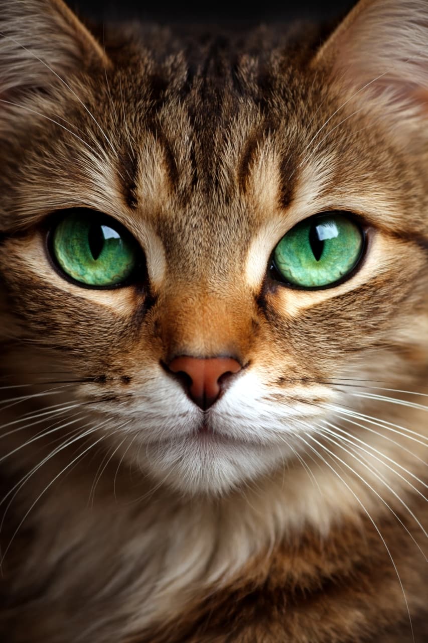 「宝石みたいなエメラルドグリーンの瞳にロックオン🐈💚 ずっと見つめ合っていたくなる美しさ…！ #美猫 #キジトラ」Ultra-realistic high-quality portrait photograph of a tabby cat with striking vivid green eyes, capturing every detail of its fur and whiskers perfectly. 鮮やかな緑色の瞳を持つキジトラ猫の正面からの高画質ポートレート写真。顔の毛並み1本1本やヒゲまで鮮明に捉えられている