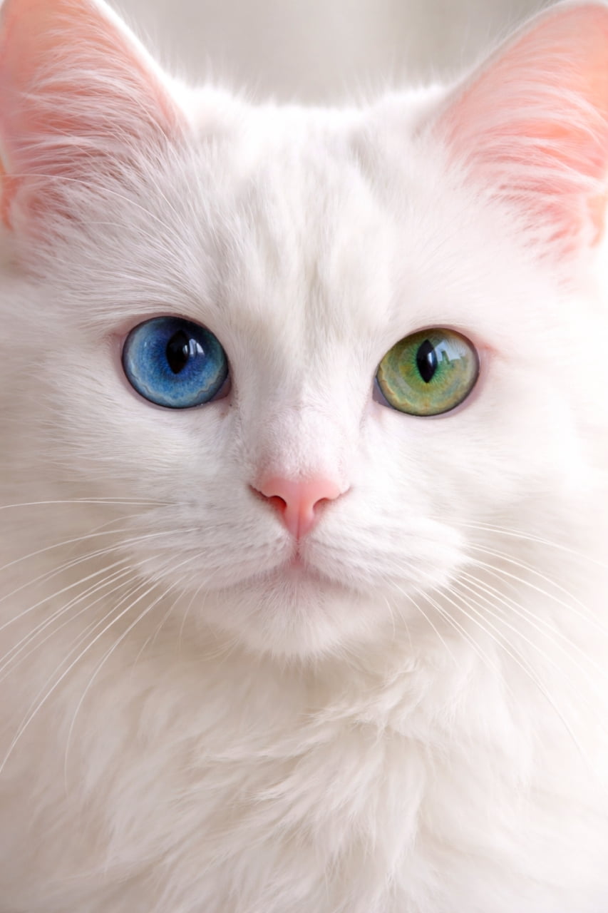 「ブルーとグリーンのオッドアイが美しすぎる奇跡の1枚💎✨天使みたいな白猫ちゃんに癒されて🕊️🤍 #白猫 #オッドアイ #猫好きさんと繋がりたい」Ultra-realistic high-quality photograph of a beautiful white cat with odd eyes (one blue, one green) looking directly at the camera, soft lighting. 右目が青、左目が緑のオッドアイを持つ美しい白猫の正面からのクローズアップ写真。柔らかな光に包まれた純白の毛並みが美しい
