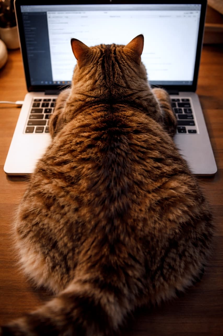 「今日のお仕事はここまで!💻🐈ぬくぬくキーボードを占領しちゃうお邪魔虫にゃんこが可愛すぎる…💖」Ultra-realistic high-quality photograph of a tabby cat resting face down on a laptop keyboard from behind, illuminated by warm lighting. 温かみのある照明の下、開いたノートパソコンのキーボードの上にうつ伏せで乗って休んでいるキジトラ猫の後ろ姿