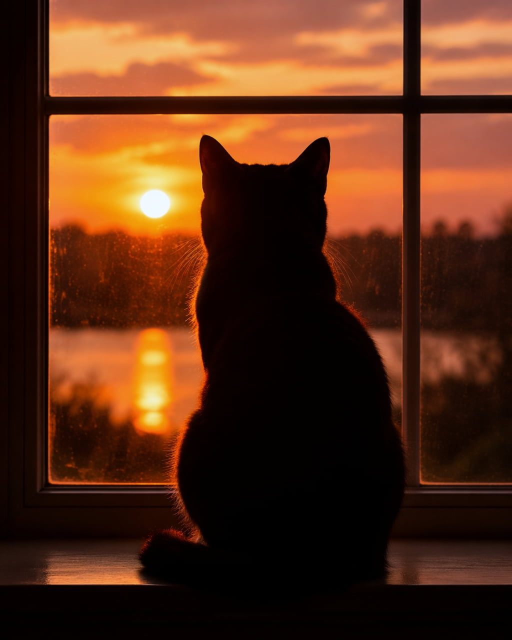 「今日も一日お疲れ様にゃ🌆美しい夕焼けを見つめる、哀愁漂う猫ちゃんのシルエットにうっとり…✨🐈⬛」Ultra-realistic high-quality photograph of a cat's silhouette sitting by a window, looking out at a stunning orange sunset and the sun. 窓辺に座り、オレンジ色に染まる美しい夕焼け空と太陽を見つめる猫のシルエット写真