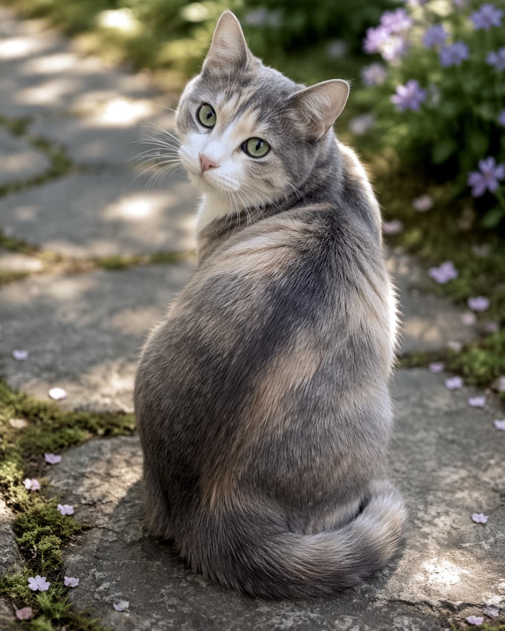 「見返り美人な猫ちゃんにドキッ😻 綺麗なお庭の小道で、運命の出会いを感じちゃいますね🌸✨ #見返り猫 #パステル三毛 #猫好きさんと繋がりたい」Ultra-realistic high-quality photograph of a beautiful dilute calico cat sitting on a stone path dotted with small pink flowers, looking back over its shoulder directly at the camera. ピンクの小さな花が散る石畳の小道に座り、肩越しにこちらを振り返るパステル三毛猫(ダイリュートキャリコ)の高画質でリアルな写真。美しい毛並みと澄んだ瞳が特徴的