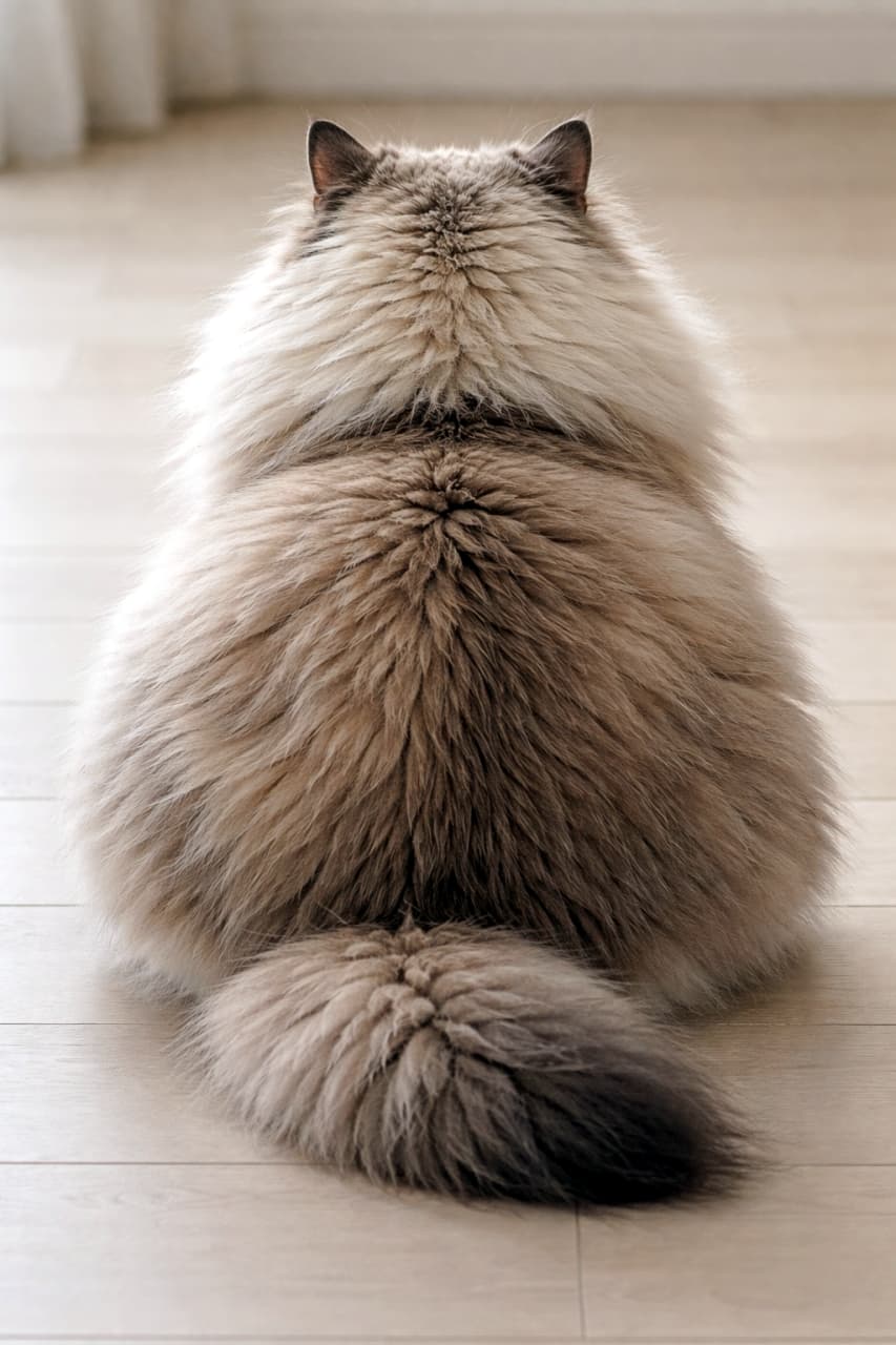 「見よ、この完璧なもふもふフォルム!☁️🐈思わず顔を埋めたくなる、長毛猫ちゃんの癒され度100%な後ろ姿です💕」Ultra-realistic high-quality photograph of a very fluffy longhair cat sitting on a wooden floor from behind, showcasing its perfectly round shape. 明るい室内のフローリングに座る、ふさふさで豊かな毛並みを持つ長毛種の猫の丸みを帯びた後ろ姿