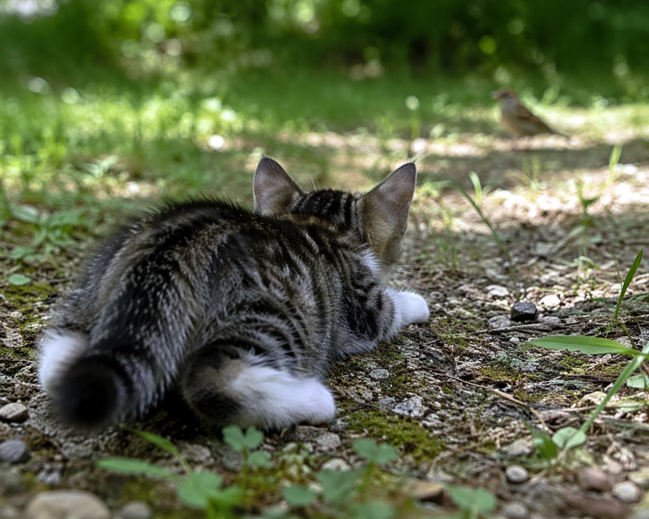 「おしりをフリフリする数秒前!?🐈💨 小さなハンターの真剣な後ろ姿、ついつい応援したくなりますね!💪✨ #子猫の狩り #ハンター猫 #にゃんすたぐらむ」Ultra-realistic high-quality photograph of a tabby and white kitten crouched low on the ground from behind, intensely stalking a small bird in the distance. 庭の地面に低く伏せ、遠くにいる小鳥に狙いを定めて狩りの体勢をとるキジ白の子猫を後ろから捉えた高画質でリアルな写真