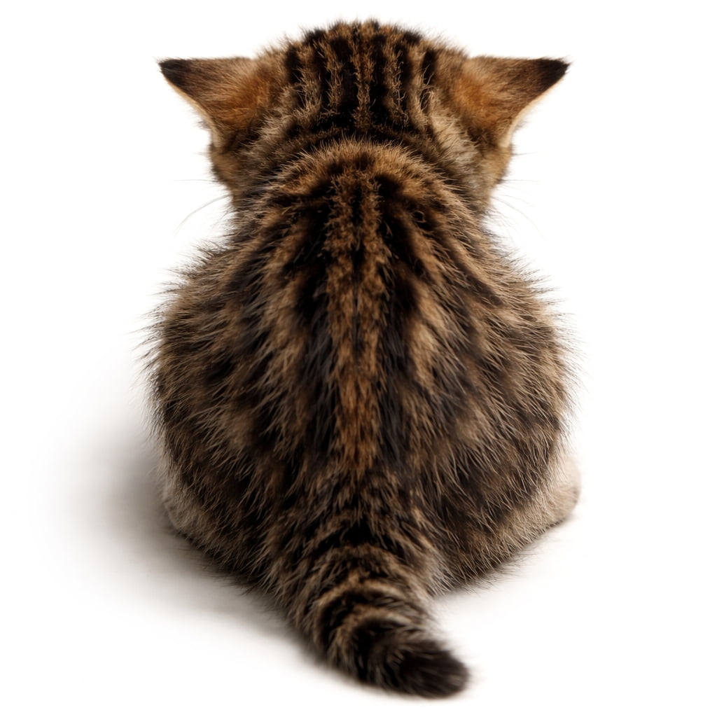 「このちんまりした後ろ姿、守りたくなる…🥺💖白背景に映える、小さなキジトラ子猫の愛らしい背中です✨」Ultra-realistic high-quality photograph of a tiny tabby kitten curled up and sitting from behind, isolated on a pure white background. 真っ白な背景の中、ちょこんと座って背中を丸めている小さなキジトラ子猫の後ろ姿