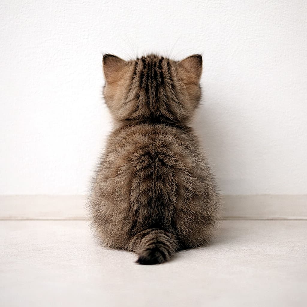 「愁漂う小さな背中がたまらない🥺💕思わず抱きしめたくなる子猫の後ろ姿です🐈✨」Ultra-realistic high-quality photograph of a fluffy tabby kitten sitting on the floor from behind, against a white wall. 白い壁を背にして床にちょこんと座る、ふわふわな毛並みを持つキジトラ子猫の後ろ姿