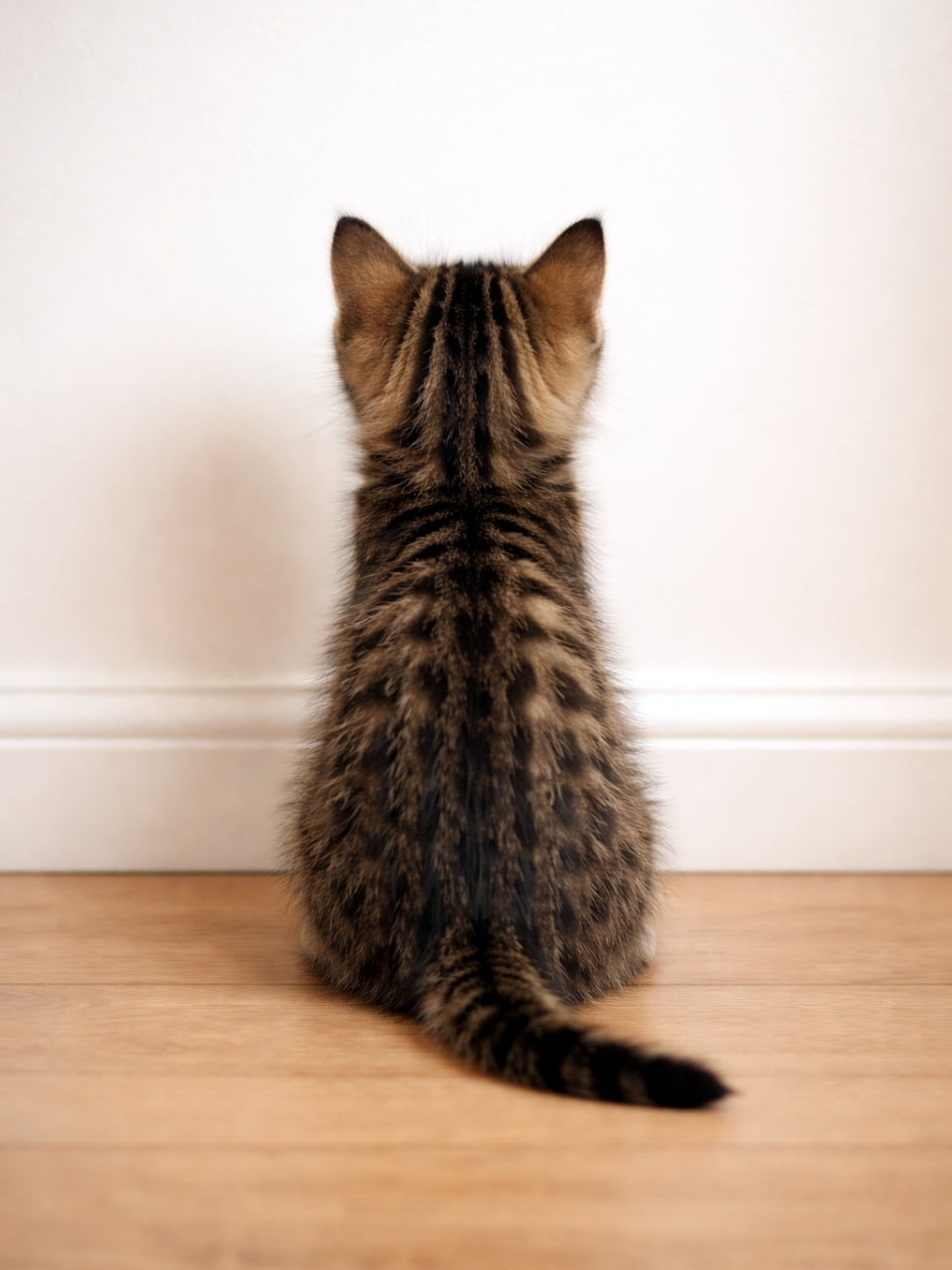 「じーっと壁を見つめる小さな背中🤫何を考えているのかな?静かなお部屋の癒しタイム⏳🐾」Ultra-realistic high-quality photograph of a tabby kitten sitting calmly on a wooden floor facing a white wall from behind. フローリングの床に座り、白い壁を見つめているキジトラ子猫の後ろ姿。静かで落ち着いた雰囲気