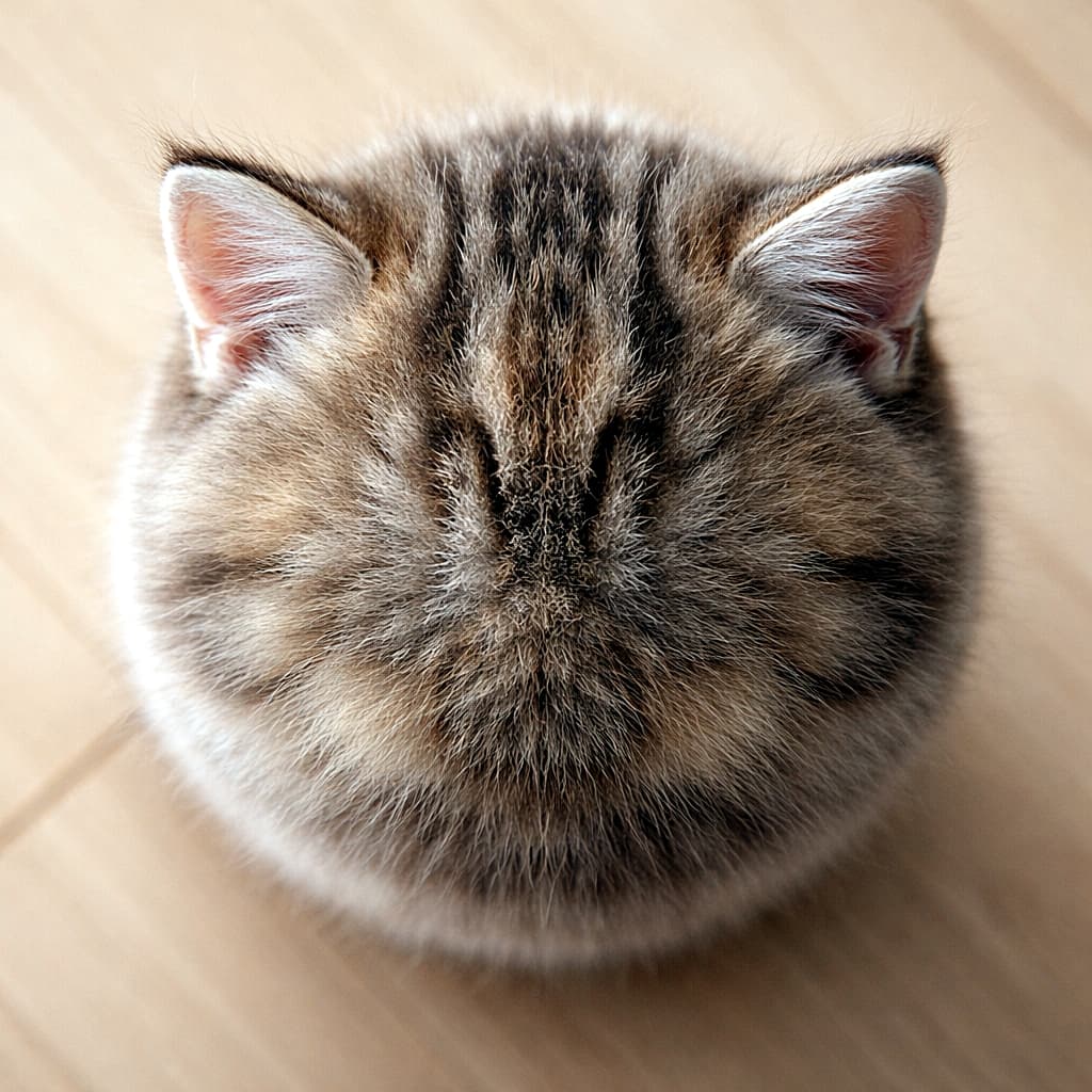「完璧な球形を強調したら、猫の頭がただの丸い毛玉に!耳だけ生えた謎の物体が生成された失敗作(泣)🐾」A photorealistic high-angle close-up view looking directly down at a kitten's head with a brown tabby pattern. The head is extremely and unnaturally spherical, appearing as a perfect furry orb, from which two triangular ears stick out symmetrically. The cat's face is not visible. Wooden floor background. 写実的な真上からのクローズアップ写真。キジトラ模様の毛並みをした子猫の頭が、極端で不自然なほどに完璧な球形をしている。毛皮で覆われた球体から、2つの三角形の耳が対称的に突き出ている。猫の顔は見えず、背景は木目の床