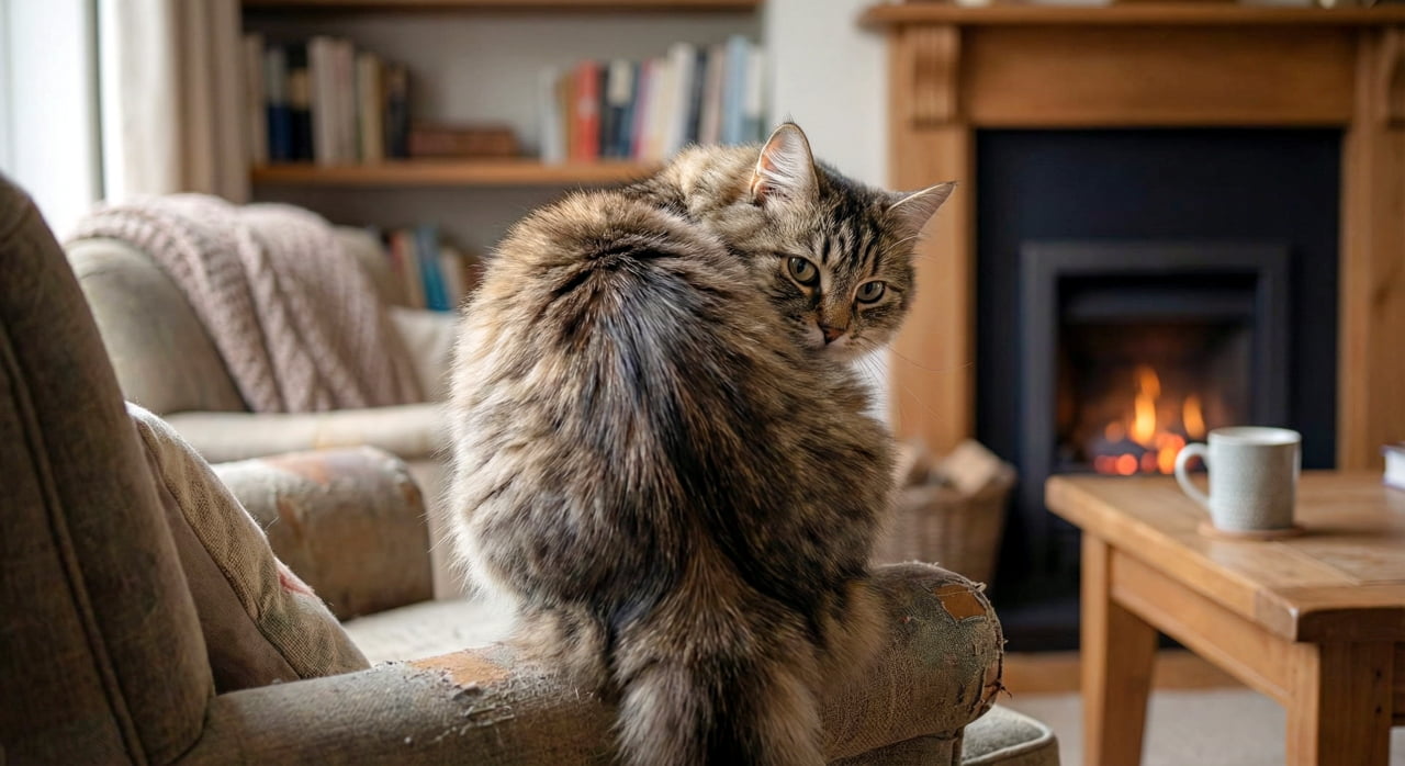 「肘掛け椅子で振り返る長毛のイケメン猫😎 モフモフの背中と、鋭い視線がかっこいい! 背景の暖炉も相まって、雰囲気たっぷり🔥🐱 #長毛猫 #振り返り」A full-length view from behind of a large, long-haired brown and gold tabby cat sitting with its back to the camera on a worn, light grey upholstered armchair, with its head turned over its shoulder to look back with large, curious gold-green eyes. The background shows a cozy living room with bookshelves, a fireplace, and a coffee table, softly focused. 使い古されたライトグレーの布張り肘掛け椅子にカメラに背を向けて座る、毛長の大きなキジトラ猫の全身の後ろ姿。首を回して肩越しに振り返り、大きな、好奇心旺盛な金緑色の目でこちらを見つめている。背景には本棚、暖炉、コーヒーテーブルのある居心地の良いリビングルームが柔らかく写っている