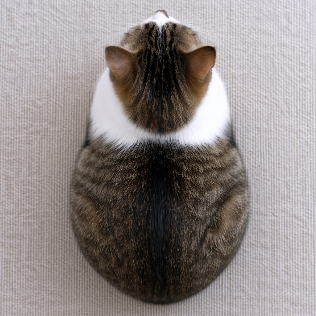 「真上から見ると、まるでカーペットに描かれたみたいな丸いフォルム!😂 この対称な感じ、たまらないニャン💖🐾 #おにぎり猫 #モフモフ」A perfect top-down view of a round, brown tabby cat sitting upright on a textured, grey-brown looped carpet. The cat is perfectly centered, with only its back and head visible, creating a symmetrical oval shape. 凹凸のあるグレージュのループカーペットの上に、丸く座るキジトラ猫の完璧な真上からの眺め。猫の背中と頭部だけが見え、左右対称な楕円形を作り出している