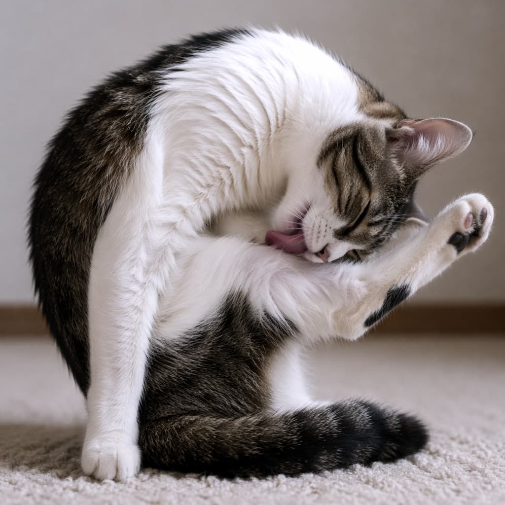 「ヨガの達人レベルの柔軟性🧘♀️✨ 集中して毛繕いする姿がなんともキュート!足ピーンがたまりません🐾 #猫の毛繕い #猫ヨガ #キジ白」Ultra-realistic high-quality photograph of a tabby and white cat grooming itself, sitting with its hind leg stretched up high indoors, showing incredible flexibility. 室内で後ろ足を高く上げ、熱心に毛繕いをするキジトラ白猫の高画質でリアルな写真。猫特有の柔軟なポーズとピンク色の舌が可愛らしい