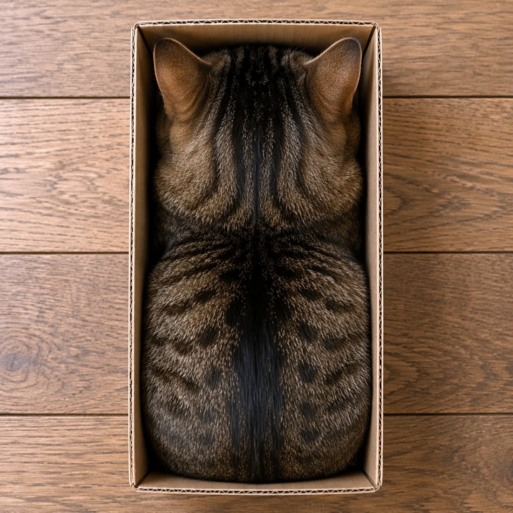 「箱があったら入るのが猫のサガ📦✨見事なまでのシンデレラフィットに思わず拍手したくなっちゃう!🐈👏」Ultra-realistic high-quality photograph of a tabby cat fitting perfectly inside a rectangular cardboard box on a wooden floor, top-down view. フローリングの上の長方形の段ボール箱に、隙間なくぴったりと収まって座っているキジトラ猫の真上からの俯瞰写真
