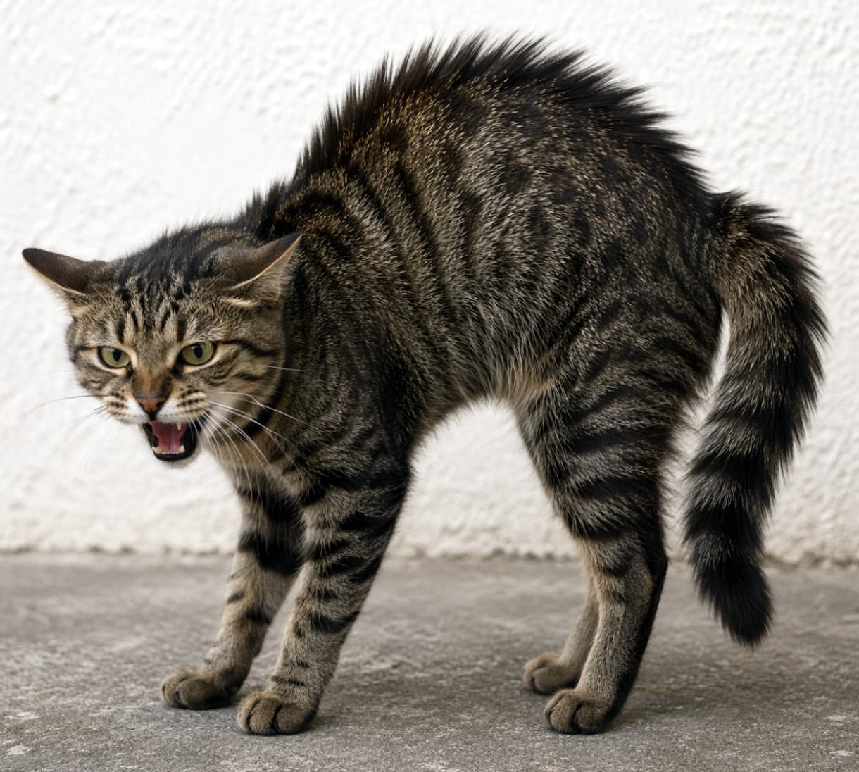 「やんのかステップ発動前!?😾 全力で警戒する姿も、猫ならではの野性味があってかっこいいですよね🔥 #威嚇猫 #やんのかステップ #猫のいる生活」Ultra-realistic high-quality photograph of a tabby cat hissing with an arched back and raised fur against a white wall, showing a highly alert and defensive posture. 白い壁を背景に、背中を大きく丸め、全身の毛を逆立てて威嚇するキジトラ猫の高画質でリアルな写真。緊迫した表情と大きく開いた口、弓なりの姿勢が印象的