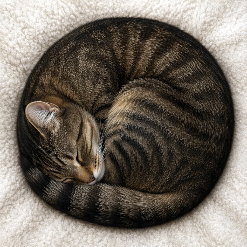 「見事なニャンモナイト発動中🌀 ぐっすり眠る姿に心から癒されますね😴💕 一緒にお昼寝したくなっちゃう! #ニャンモナイト #お昼寝猫 #癒し時間」Ultra-realistic high-quality photograph of a tabby cat sleeping deeply, curled up in a perfect circle on a fluffy white bed, viewed from directly above. 白いふわふわのベッドの上で、丸まってぐっすり眠るキジトラ猫を真上から捉えた高画質でリアルな写真。美しい縞模様が綺麗な円(ニャンモナイト)を描いている