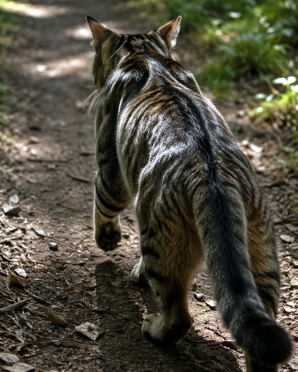 「森の中をお散歩中🐈🐾 木漏れ日に照らされる背中がたまらなく愛おしいですよね✨ どこへ向かっているのかな? #猫のいる暮らし #森の散歩 #キジトラ」Ultra-realistic high-quality photograph of a tabby cat walking away on a dirt path in a forest, with dappled sunlight highlighting its beautiful striped back and muscular silhouette. 森の中の土の小道を歩くキジトラ猫の後ろ姿。木漏れ日が猫の背中の美しい縞模様と筋肉の陰影を照らしている、高画質でリアルな写真