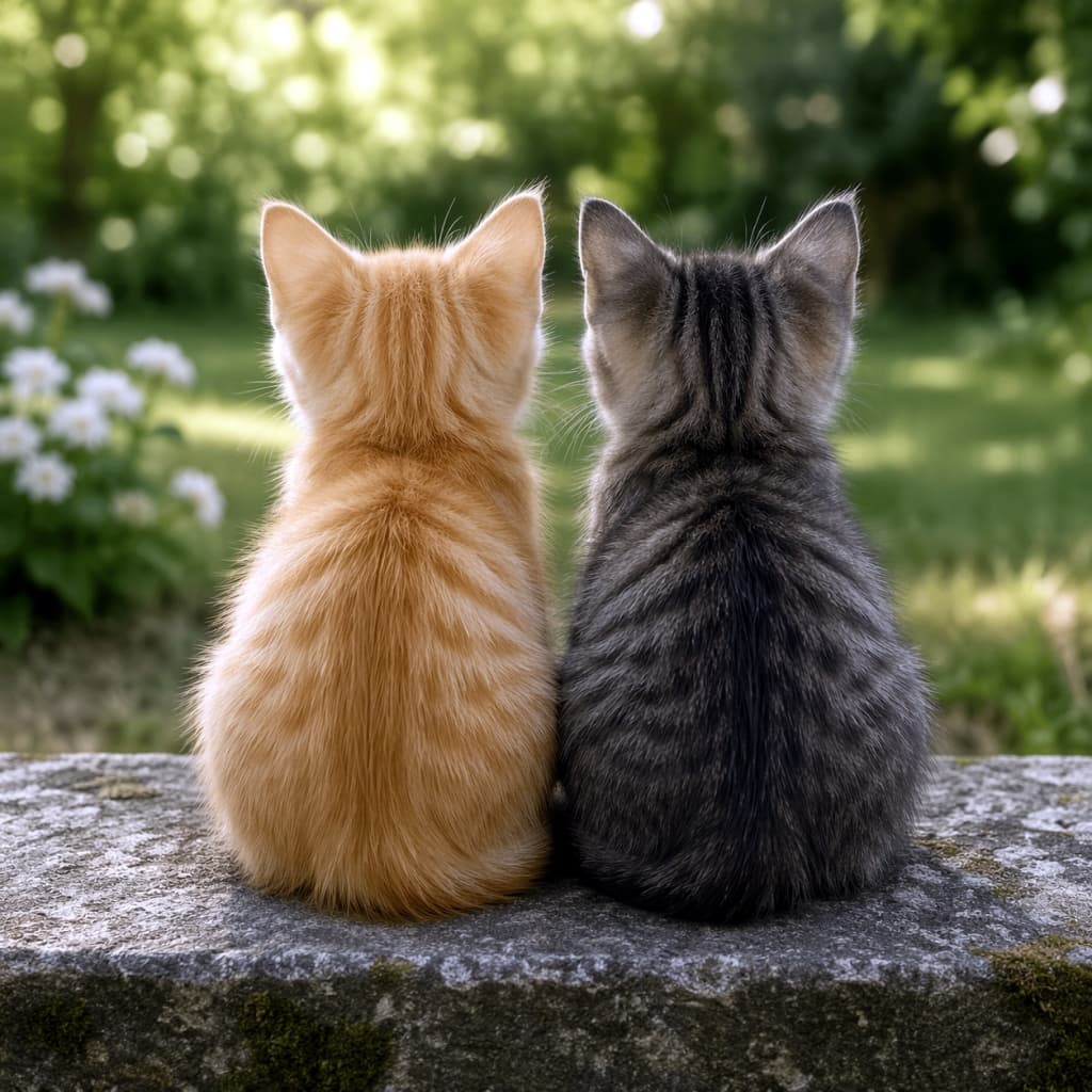 「ふたりで何を眺めているのかな?🐱🐱 寄り添う小さな後ろ姿が尊すぎる…💖 ずっと見ていたくなりますね🍀 #子猫 #仲良し猫 #猫の背中」Ultra-realistic high-quality photograph from behind of two fluffy kittens, one ginger and one tabby, sitting side-by-side on a stone wall looking out at a lush green garden. 石の塀の上に並んで座り、緑の庭を見つめる茶トラとサバトラの子猫の後ろ姿。ふわふわの毛並みが光に透ける高画質でリアルな写真