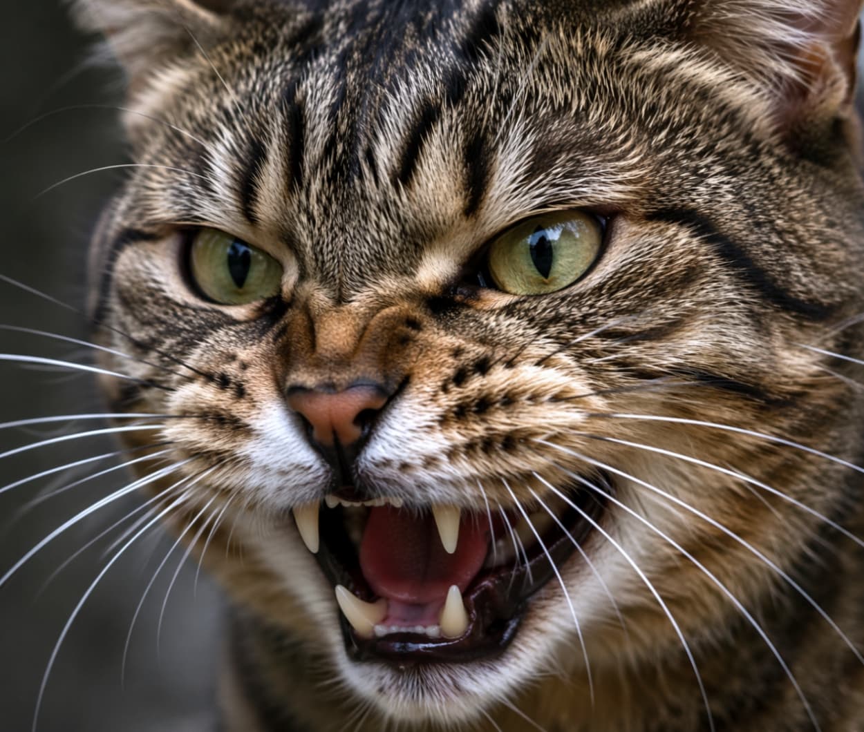 「ご機嫌ナナメで激オコです！😾💥でもこんな怒ったお顔も野性味があってかっこいいですよね🐾」Ultra-realistic high-quality photograph of an angry tabby cat hissing. Close-up face showing fierce eyes, open mouth, and sharp fangs in great detail. 牙を剥き出しにして威嚇しているトラ猫の顔の超リアルなクローズアップ写真。鋭い目つき、開いた口、立派な犬歯が迫力満点に描写されている