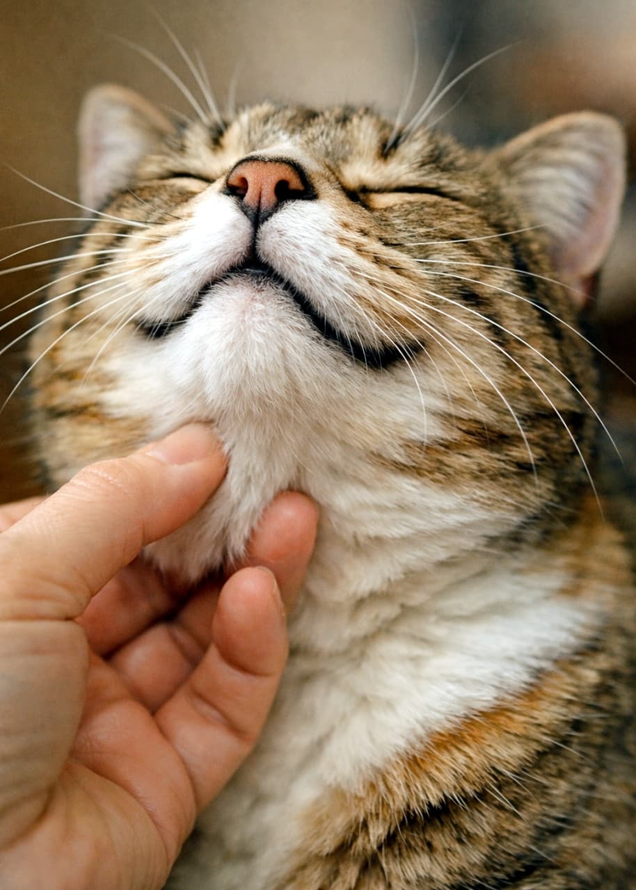 「人間の手の1本の指で顎の下を撫でられ、至福の表情🐾 ピンク色の鼻と膨らんだひげパッド、細かい毛並みのディテールに癒やされる💕」A photorealistic close-up photograph of a tabby and white adult cat enjoying gentle chin scratches from a human hand using one finger. The cat’s head is tilted back, and its eyes are closed in a state of pure bliss. The pink nose, puffed-up whisker pads, and the detailed fur texture and soft skin folds under the chin are sharply defined. The cat's face appears slightly larger than in image 28, and the hand position (one finger) is distinct. Warm natural light. 写実的なクローズアップ写真。茶トラ白猫(キジトラ白)が、人間の手の1本の指で顎の下を撫でられ、完全に至福の表情で目を閉じている。猫の頭は自然に後ろに傾き、喉と下顎を露出している。ピンク色の鼻、膨らんで膨らんだひげパッド、撫でられている顎の下の詳細な毛並みと柔らかい皮膚の折り目が鮮明に描写されている。画像28よりもわずかに猫の顔が大きく写っており、手(指1本)の位置が異なる。暖かい自然光