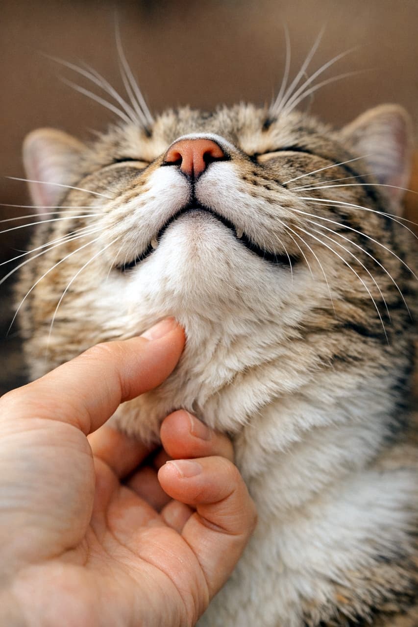 「人間の手の2本の指で顎の下を撫でられ、完全に至福の表情🐾 ピンク色の鼻と膨らんだひげパッドがたまらない、癒やしのクローズアップ💕」A photorealistic close-up photograph of a tabby and white adult cat enjoying gentle chin scratches from a human hand using two fingers. The cat’s head is tilted back, and its eyes are closed in a state of pure bliss. The pink nose, puffed-up whisker pads, and the detailed fur texture and soft skin folds under the chin are sharply defined. Bathed in warm natural light with a shallow depth of field, the focus is on the muzzle, whisker pads, and chin area. 写実的なクローズアップ写真。茶トラ白猫(キジトラ白)が、人間の手の2本の指で顎の下を撫でられ、完全に至福の表情で目を閉じている。猫の頭は自然に後ろに傾き、喉と下顎を露出している。ピンク色の鼻、膨らんで膨らんだひげパッド、撫でられている顎の下の詳細な毛並みと柔らかい皮膚の折り目が鮮明に描写されている。暖かい自然光が当たり、被写界深度は浅い。口元、ひげパッド、顎周辺に焦点が合っている