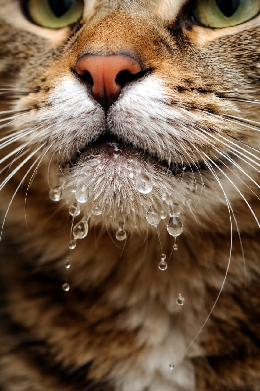 「お水滴ってますよ〜！🙀💧ポタポタ落ちる大きな水滴の瞬間を捉えた、躍動感たっぷりの一枚📸✨」Ultra-realistic high-quality macro photograph of a cat's chin with large water droplets actively dripping down. Shows dynamic movement and light refraction in the water against brownish fur. 猫の顎から大きな水滴がぽたぽたと滴り落ちる瞬間を捉えた超リアルなマクロ写真。茶色みがかった毛色と、水滴の中に映り込む光の屈折が立体的でダイナミックに描写されている