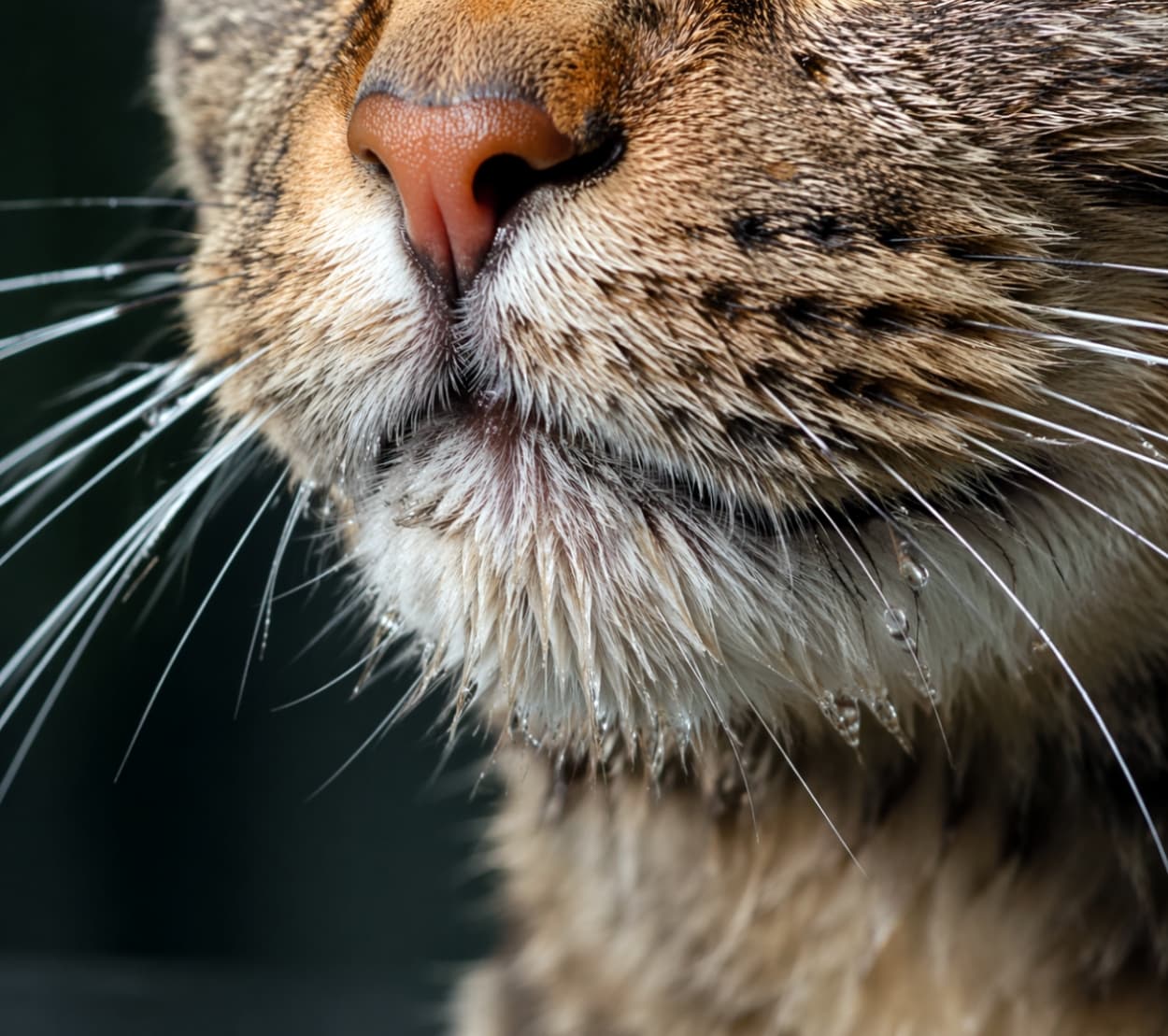 「お水おいしかったニャ？🐱💧あごの毛についた細かい水滴がキラキラ光ってとっても綺麗✨」Ultra-realistic high-quality close-up photograph of a cat's mouth and chin after drinking water. Fine water droplets cling to the fur, reflecting light against a dark background. 水を飲んだ後の猫の口元と顎を捉えたリアルなクローズアップ写真。暗めの背景に対して、顎の毛先に無数の細かい水滴が光を反射して静かに輝いている