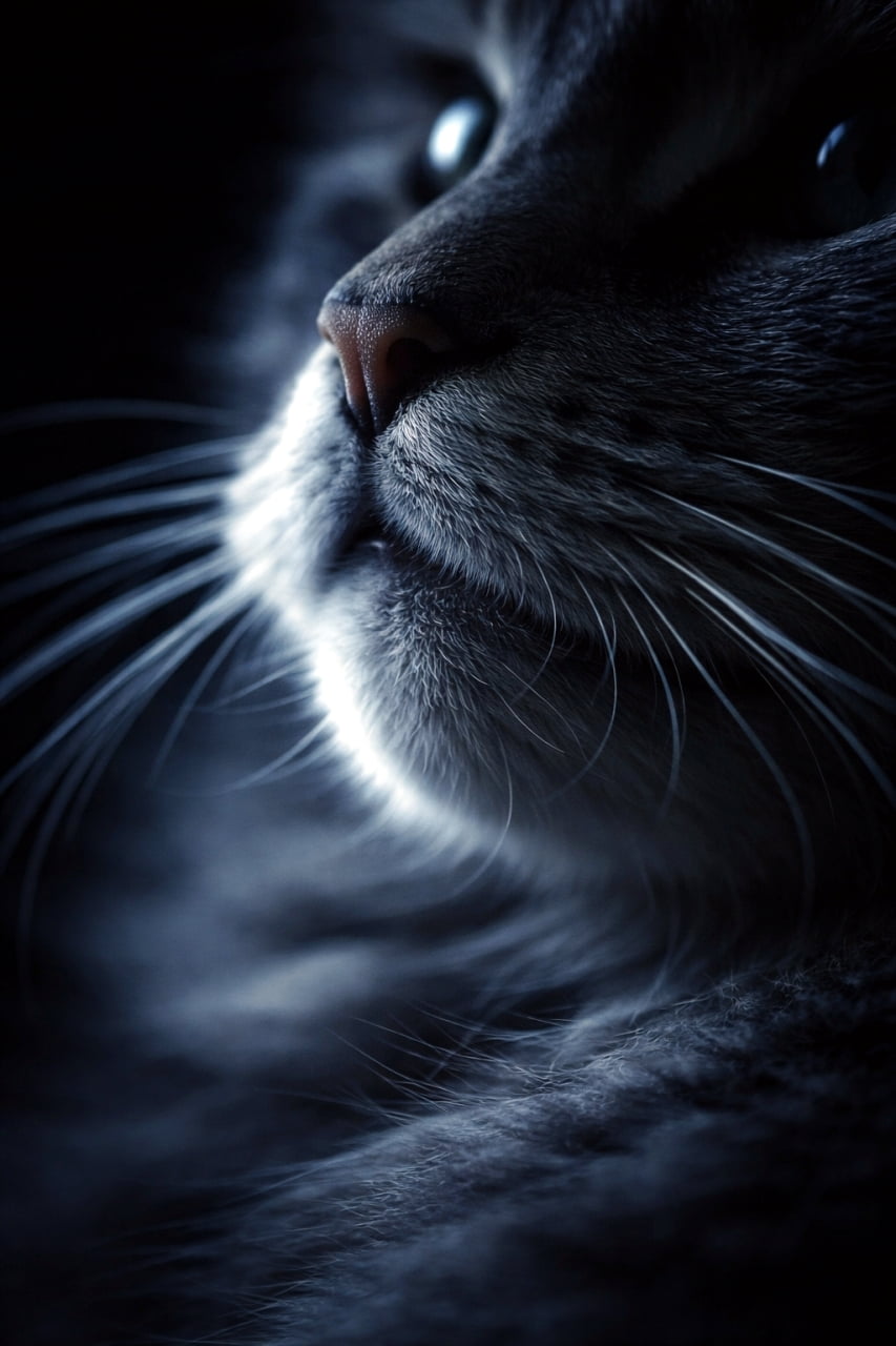 「闇夜に浮かぶ幻想的なシルエット🐈‍⬛🌙神秘的な雰囲気に吸い込まれそう…✨ #夜ふかし猫 #シネマティック」Ultra-realistic high-quality photograph of a cat's face in profile illuminated by cool, blue moonlight in the dark. A cinematic close-up highlighting the nose and the elegant silhouette of the whiskers. 暗闇の中で月明かりのような冷たい青い光に照らされた猫の横顔のクローズアップ。鼻先と細く伸びる髭のシルエットが美しく際立つ、シネマティックで高画質な写真