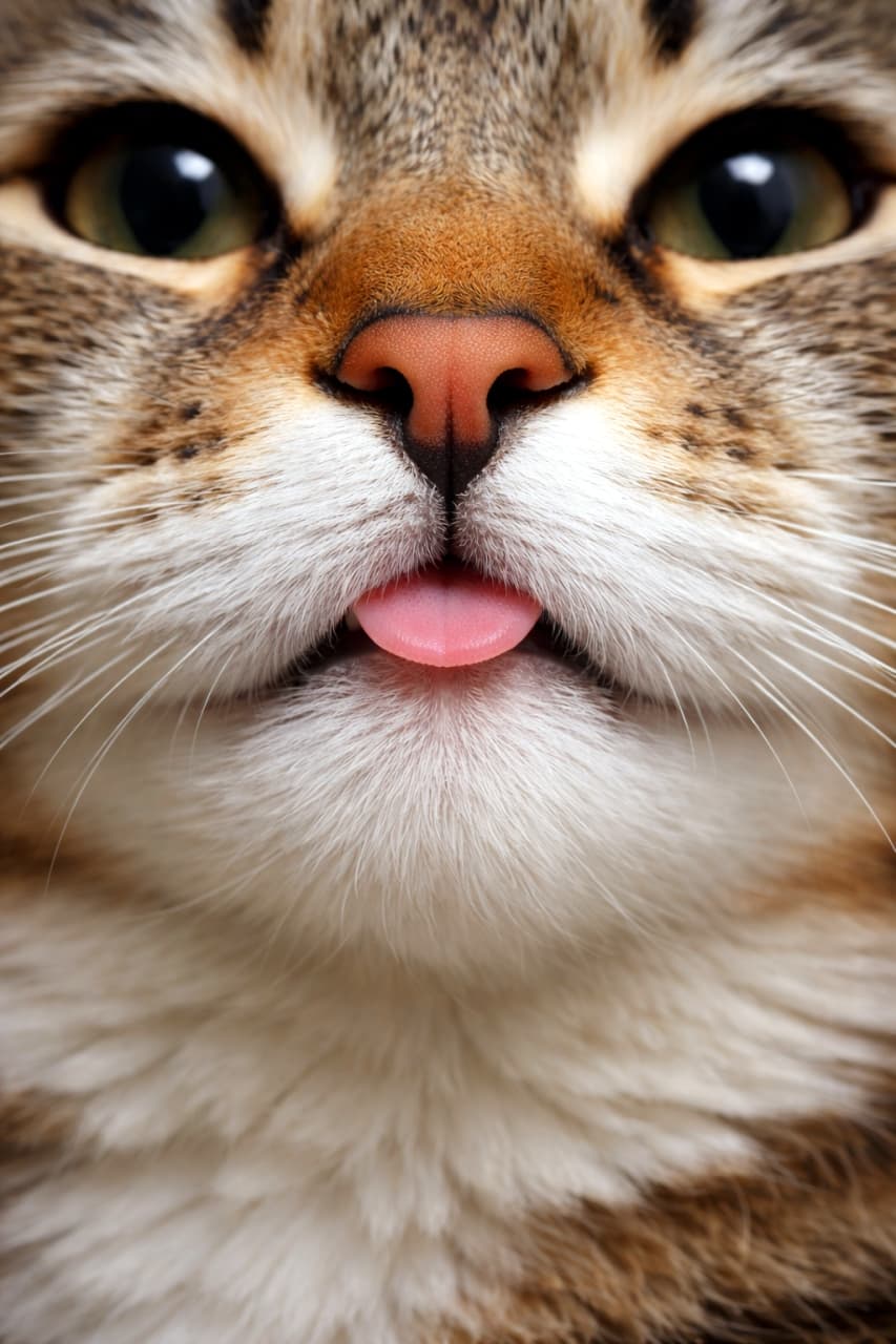 「あっ、舌しまい忘れてるよ！👅 ちょこんと出たピンクの舌がたまらなく愛おしい奇跡の1枚です🐈💕 #猫の舌 #てへぺろ」Ultra-realistic high-quality photograph of a tabby cat sticking out its tiny pink tongue, looking directly at the camera with beautiful green eyes. 小さなピンク色の舌を少しだけ出しているキジトラ猫の正面クローズアップ写真。美しい緑色の瞳と愛嬌のある表情が特徴的です