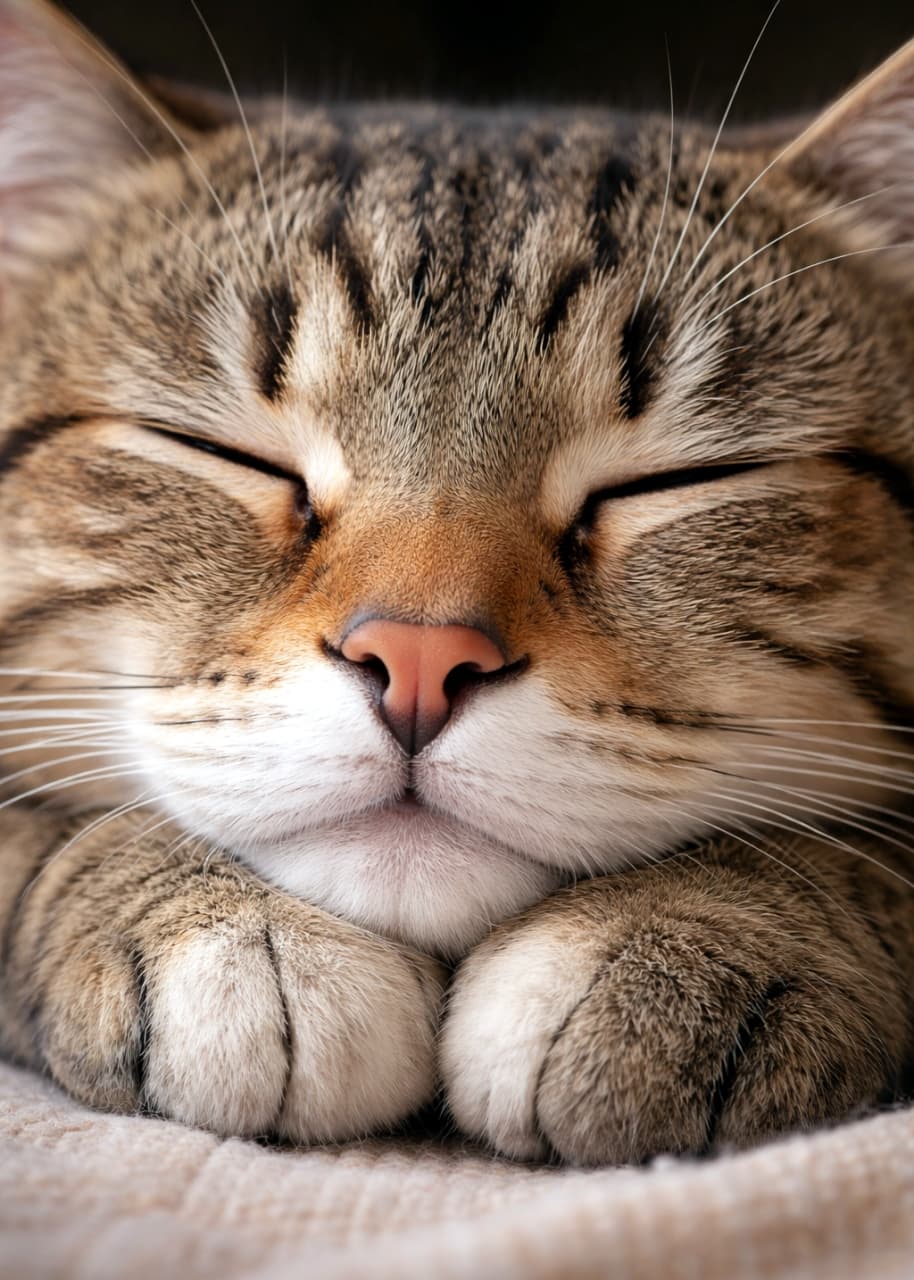 「おててを枕にしてスヤスヤ夢の中…💤 癒し効果バツグンの寝顔にキュンとしちゃいますね🐈✨ #猫のいる暮らし」Ultra-realistic high-quality photograph of a sleeping tabby cat resting its head on its paws, featuring warm lighting and soft fur details. 前足の上に顎を乗せて気持ちよさそうに眠るキジトラ猫のクローズアップ写真。温かみのある光と柔らかな毛並みがリアルに表現されています