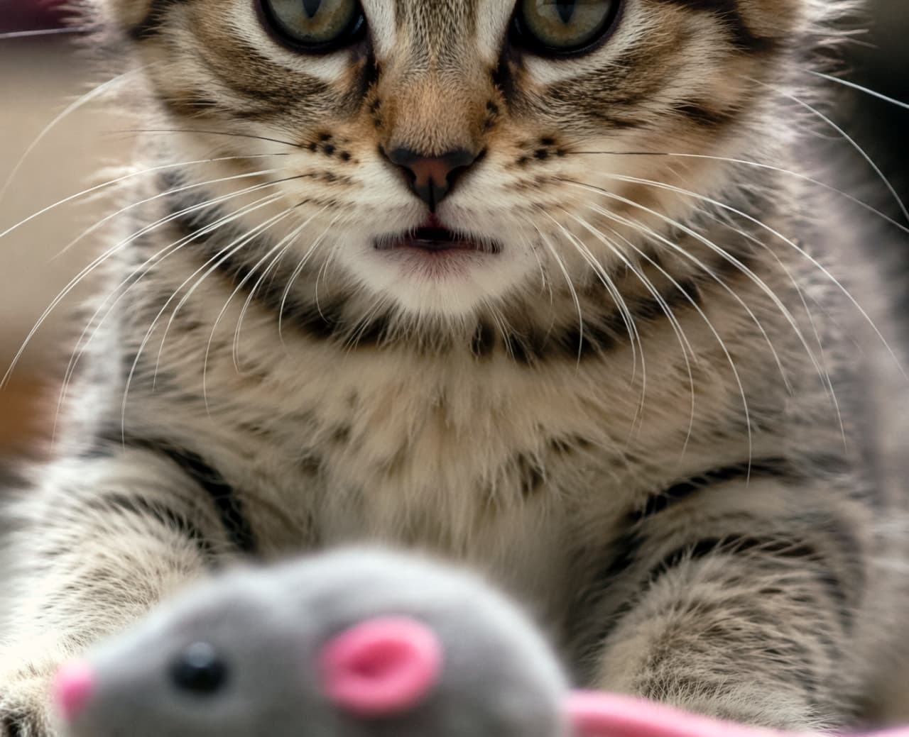 「ターゲット発見！👀✨ネズミのおもちゃに夢中な子猫ちゃんの、真剣な眼差しから目が離せない！🐈💨」Ultra-realistic high-quality photograph of a curious tabby kitten staring intently at a gray and pink mouse toy in the foreground. The toy is out of focus to draw attention to the kitten's face. 手前にあるグレーとピンクのネズミのおもちゃを真剣な表情で見つめるキジトラ子猫の写真。おもちゃは前ボケになり、猫の顔にピントが合っている