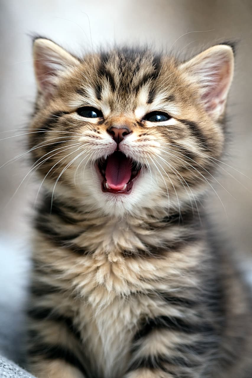 「「にゃーっ！」と元気な声が聞こえてきそう📣✨ 小さな歯もチラ見えする、躍動感たっぷりの子猫ちゃんです🐈💖 #子猫の成長 #あくび猫」Ultra-realistic high-quality photograph of a cute tabby kitten with its mouth wide open, captured in the middle of a yawn or meow, showing tiny teeth and tongue. 大きく口を開けてあくび、または鳴いているキジトラ子猫の正面写真。小さな歯や舌の質感まで鮮明で、元気な表情が愛らしい一枚です