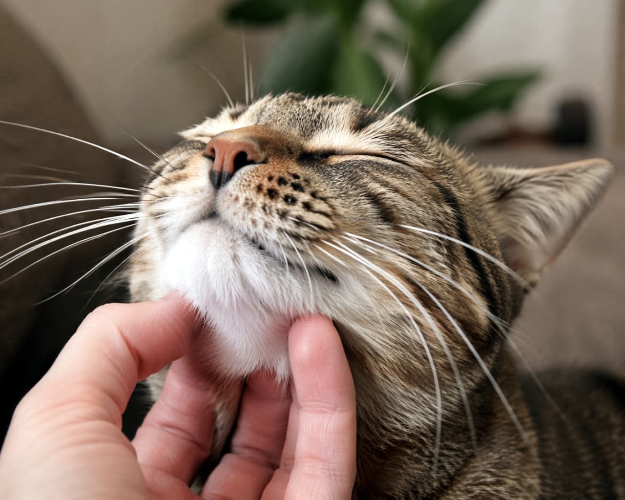 「そこそこ〜！極楽ニャ〜😸💕なでなでされて思わずおめめが細くなっちゃう、至福の表情に癒されます🍀」Ultra-realistic high-quality photograph of a happy tabby cat closing its eyes in bliss while getting its chin scratched by a human hand. 人の手によって顎の下を撫でられ、目を細めて気持ちよさそうにしているキジトラ猫の写真。猫の至福の表情と、優しく撫でる指先が強調されている
