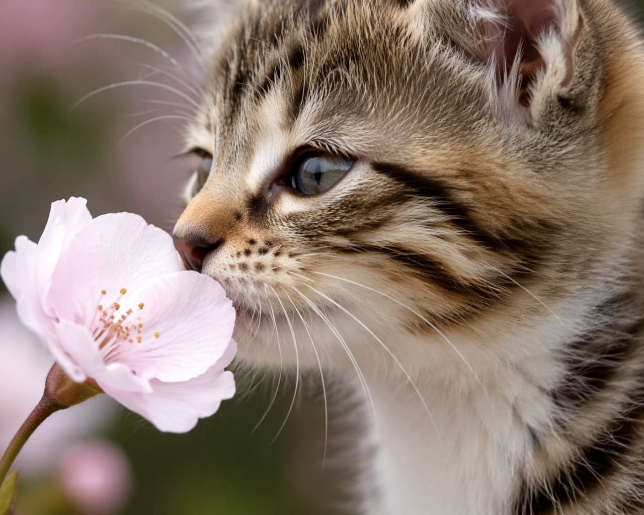 「「春の匂いがするニャ🌸」綺麗なピンク色のお花に興味津々で鼻を近づける子猫ちゃん。絵本みたいな優しい世界観にほっこり☺️」A gentle tabby kitten bringing its nose close to cautiously sniff a light pink cherry blossom in full bloom. 満開の薄ピンク色の花にそっと鼻を近づけて、優しい表情で香りを嗅いでいる可愛らしいキジトラの子猫の横顔