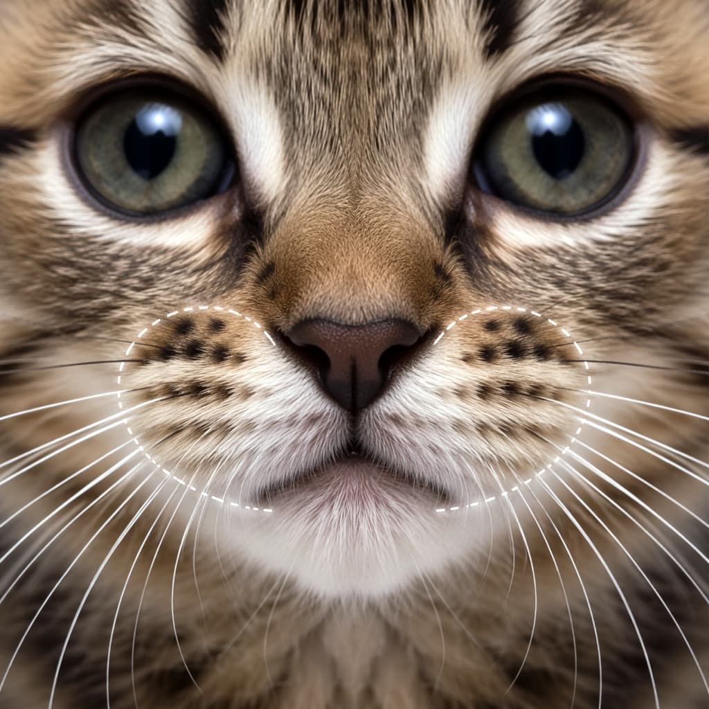 「猫好きにはたまらない「ω」のドアップ！👀✨ぷっくりしたヒゲ袋が白い点線でアピールされていて可愛さ倍増です🐱💕」A macro close-up of a tabby cat's face facing forward, featuring dotted white lines highlighting the shape of its whisker pads. 正面を見据えるキジトラ猫の顔の超ドアップ写真で、ふっくらとしたマズル（ωの部分）を白い点線で囲んで強調している画像