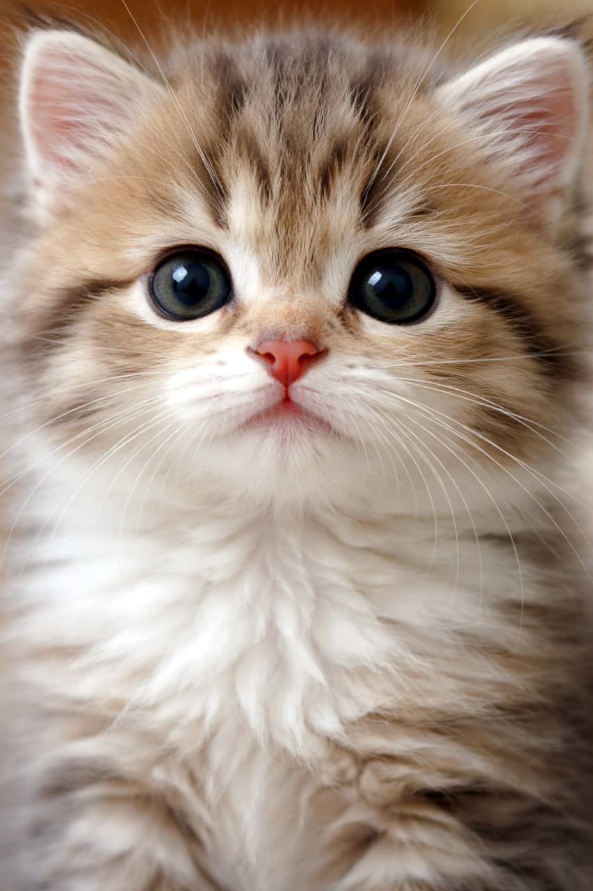 「フワフワのぬいぐるみみたい🧸 まん丸おめめの茶トラ子猫ちゃんに癒やしの魔法をかけられそう✨ #猫 #茶トラ #癒やし」Ultra-realistic high-quality photograph showing a close-up of a long-haired tabby kitten looking directly forward. Features include large, round dark eyes, a pink nose, and soft white chest fur. 画面いっぱいに広がる、長毛の茶トラ（ブラウンタビー）子猫の真正面のドアップ。大きく丸い暗い色の瞳、ピンク色の鼻、フワフワした白い胸元の毛が特徴的