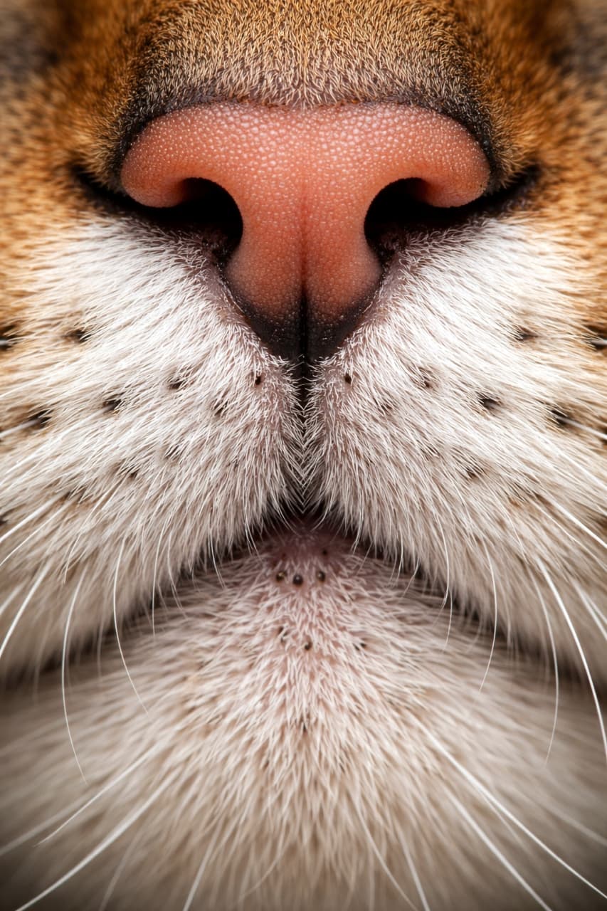 「猫のお鼻フェチさん必見！🐾 ピンクのお鼻とおひげの根本をここまでドアップで堪能できちゃいます🔍✨ #猫の鼻 #マクロ」Ultra-realistic high-quality macro photograph of a cat's nose, mouth, and whiskers, showcasing extreme detail and texture. 猫の鼻先、口元、ひげの根元を超近接で捉えたマクロ写真。毛の一本一本や鼻の質感が非常に高精細に表現されています