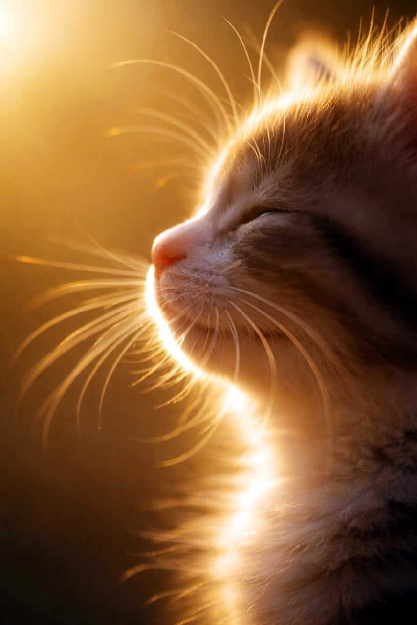 「夕日に透けるおひげがとっても幻想的…✨ ずっと眺めていたくなるエモーショナルな1枚です🐈🌇 #夕暮れ #エモい」Ultra-realistic high-quality photograph of a kitten's profile illuminated by golden hour sunlight, featuring glowing whiskers and dramatic backlighting. 黄金色の夕日に照らされた子猫の横顔のクローズアップ写真。逆光によって光り輝くひげと柔らかな毛の質感がドラマチックに描かれています