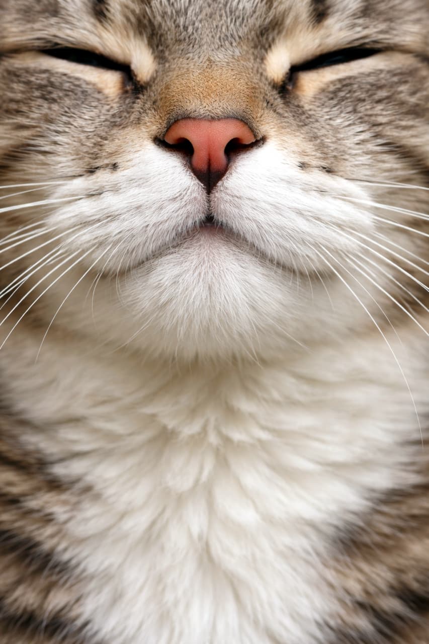 「お昼寝中かな？😴 幸せそうな寝顔を見ているだけで、こっちまで眠くなっちゃうニャ…💤 #猫 #キジトラ #癒やし #寝顔」Ultra-realistic high-quality photograph capturing a close-up of a tabby cat looking contentedly forward with eyes narrowed in sleep. Focus is on the pink nose, white chest fur, and prominent whiskers. 画面いっぱいに広がるキジトラ猫の真正面のドアップ。目を細めて（または閉じて）眠っている、幸せそうな表情。ピンク色の鼻と白い胸元、長いヒゲが強調されている