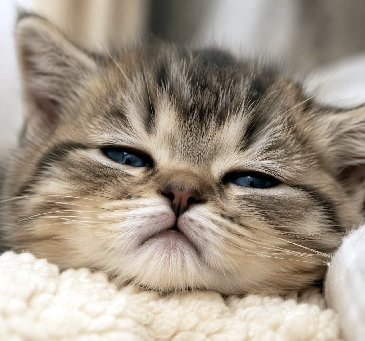 「限界突破のネムネム顔がたまらない〜🥱モコモコ毛布に包まれて、夢の世界へ出発する数秒前の子猫ちゃんです💤💕」A close-up of a sleepy tabby kitten with heavily drooping eyelids, resting its head on a cozy, fluffy cream blanket. もこもこしたクリーム色の毛布に顔をうずめ、今にも閉じてしまいそうなとろんとした目をしている眠そうな子猫のアップ